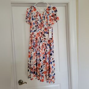 NWT London Times Short Sleeve Orange/Blue/Cream Zip-Backed Dress - Size 14